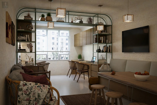 Modern living room with natural light, minimalist furniture, and stylish 3D interior design.